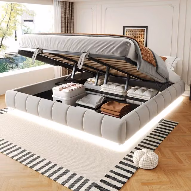 Letto Contenitore Imbottito con LED ¨C MINIMAL ¨C Matrimoniale 180x200, Idraulico, Beige