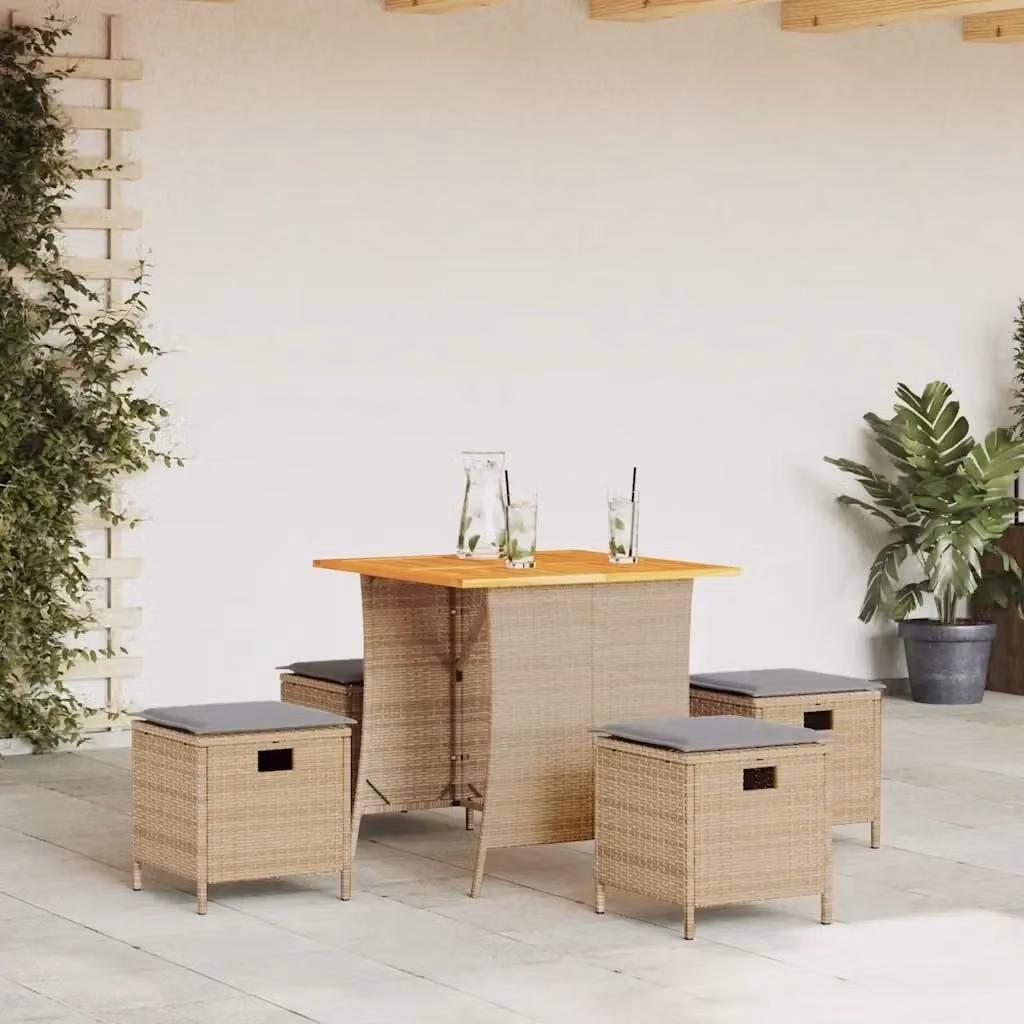 Set da Pranzo da Giardino 5 Pezzi in Polyrattan con Tavolo in Legno di Acacia e Cuscini Beige e Grigio – 2