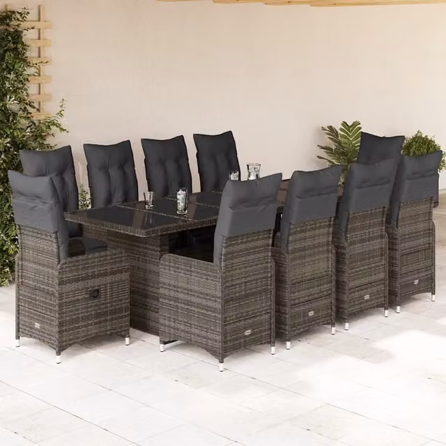 Set Bistrò da Giardino vidaXL 11 pz in Polyrattan Grigio con Cuscini e Tavolo in Vetro