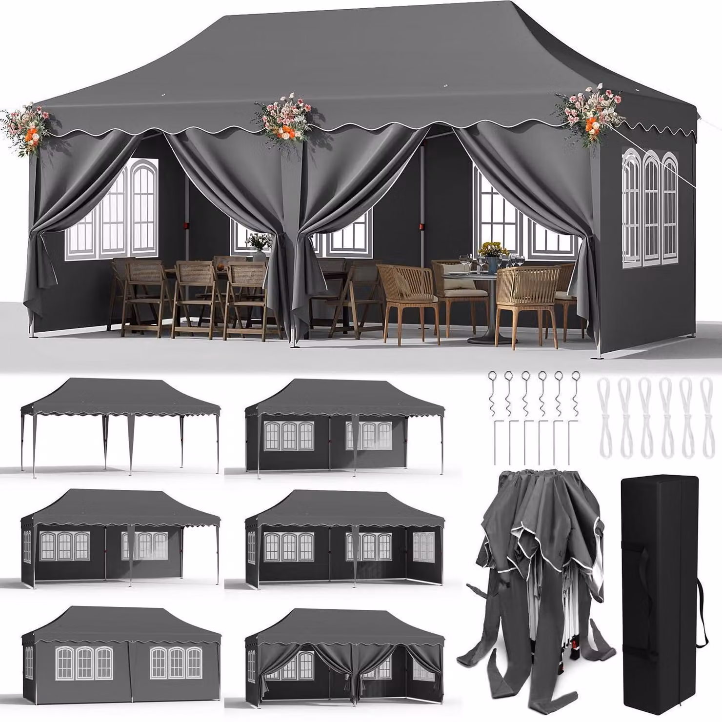 Gazebo da esterno 3x6 metri, grigio, impermeabile, con 6 pareti laterali e protezione UV 50+