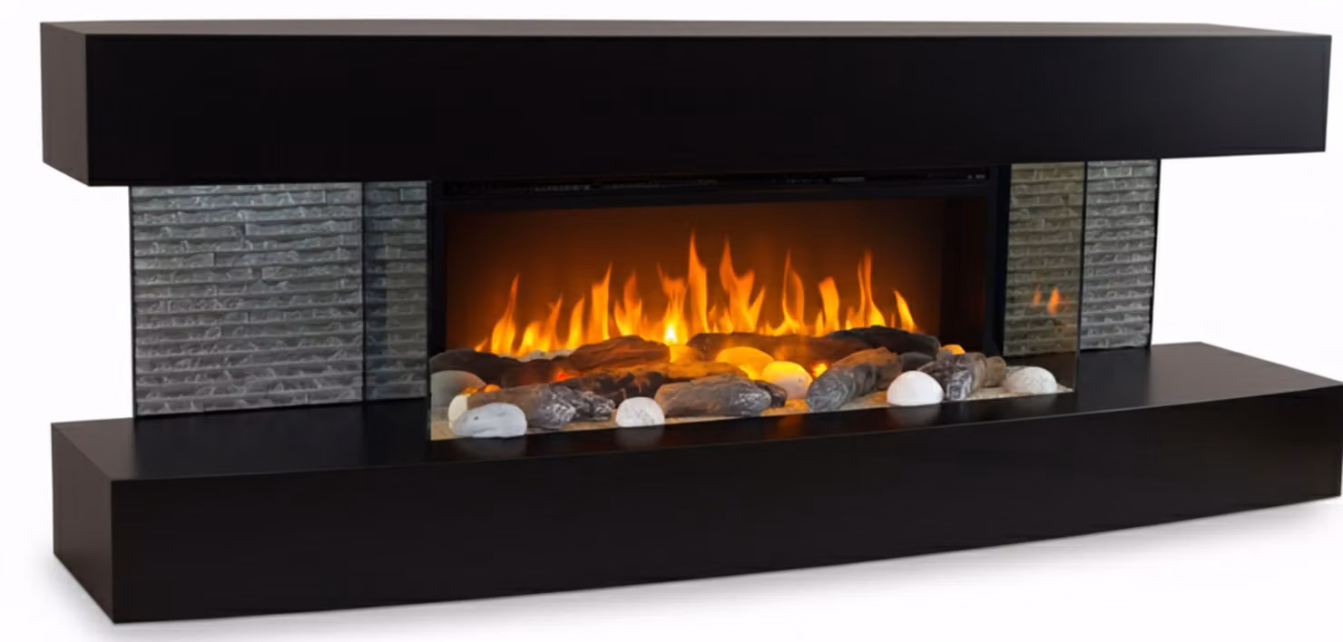 CHEMIN'ARTE - Caminetto elettrico da parete Lounge Nero 120 cm con effetto fiamme LED, riscaldamento programmabile, telecomando