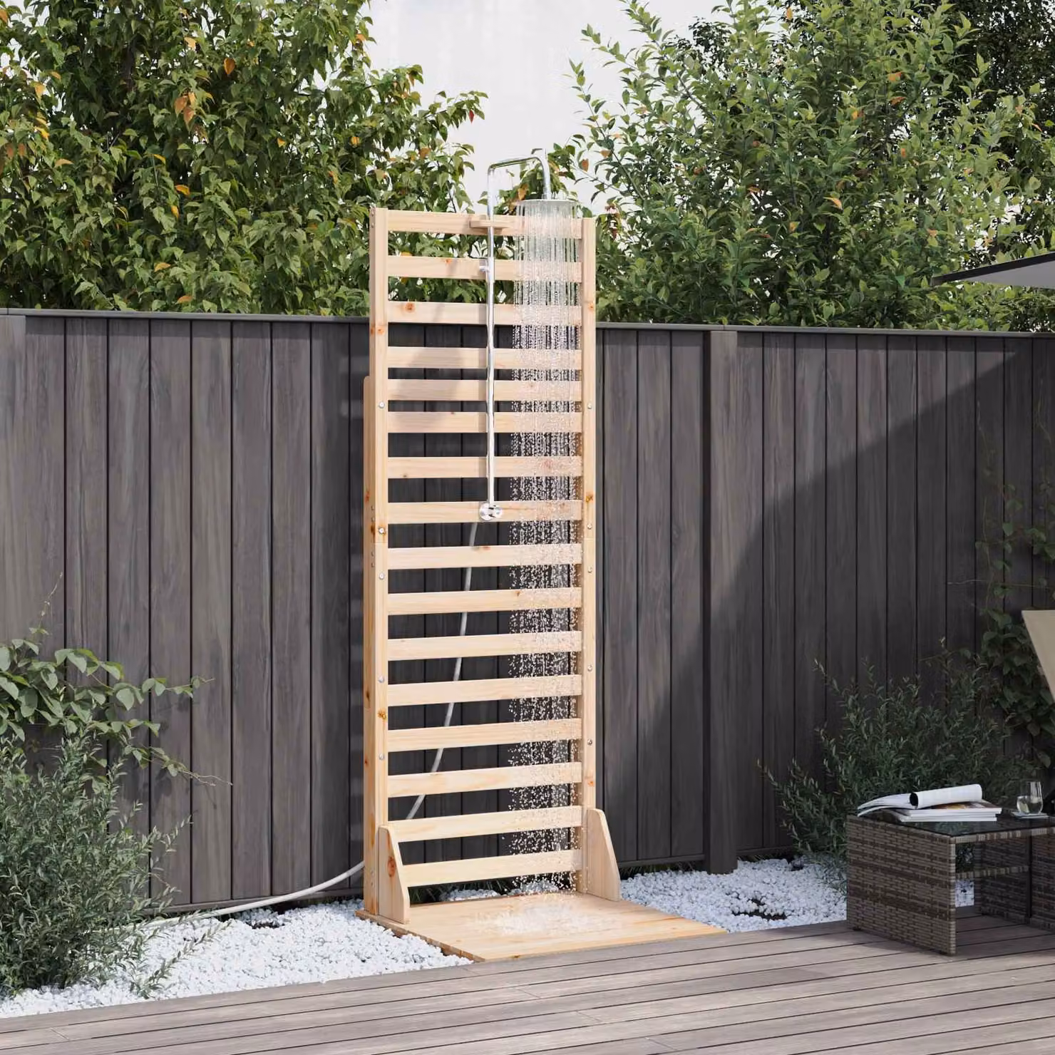 Doccia da esterno vidaXL in legno massello di pino e acciaio inox, marrone, H: 225 cm