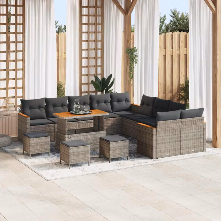 Set Divano da Giardino vidaXL 14 pz in Polyrattan Grigio con Cuscini e Tavolino da Esterno a Forma di U