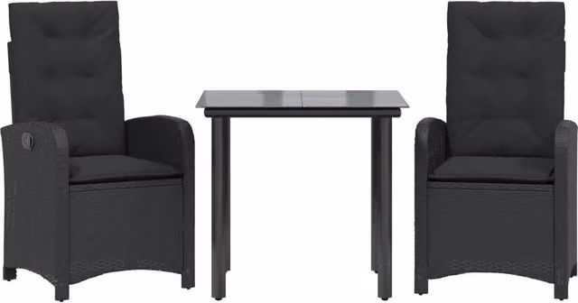 Set da Pranzo da Giardino 3 pz in Polyrattan Nero con Cuscini e Tavolo in Vetro