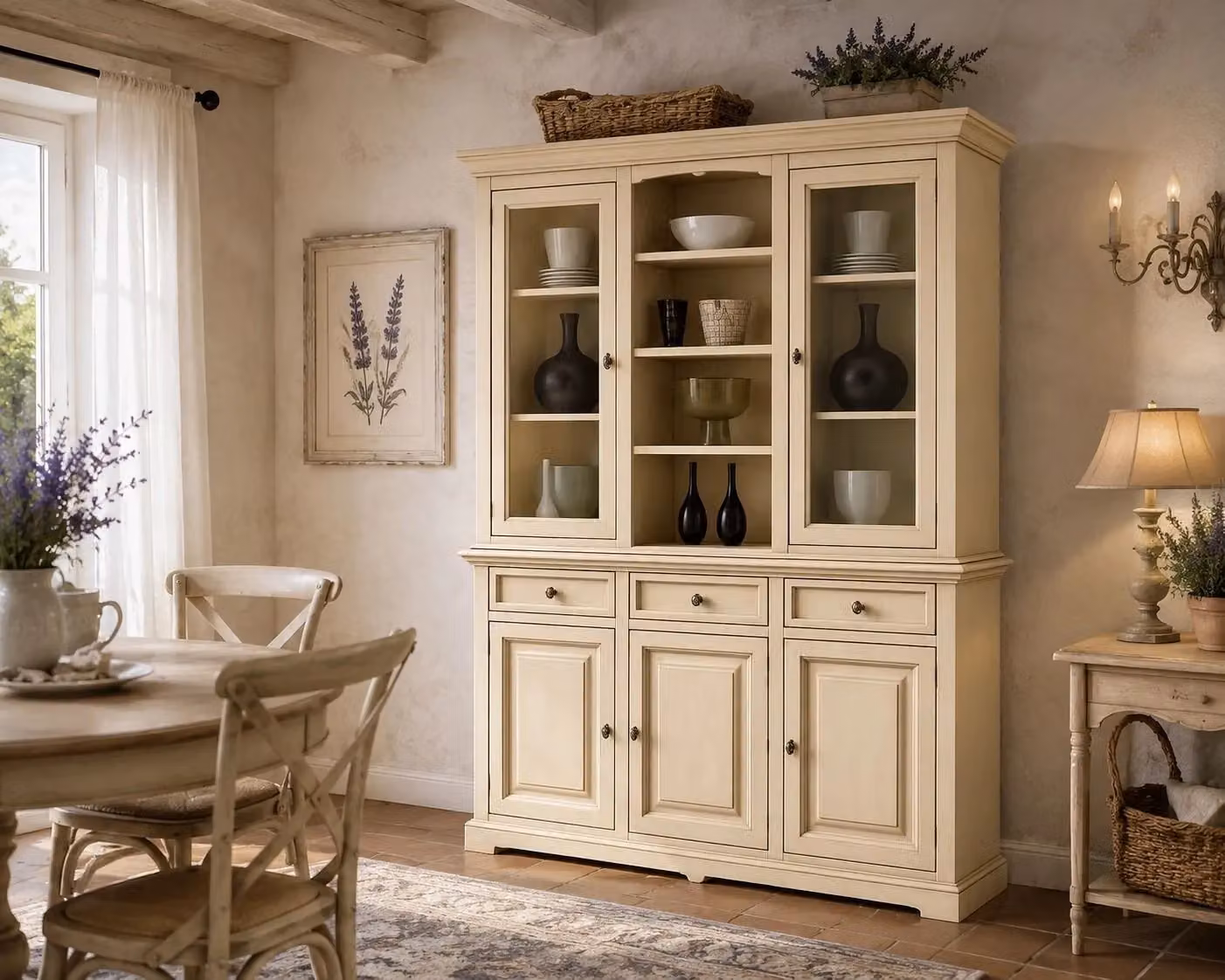 Cristalliera con vetrina in legno 3 ante stile shabby chic color avorio anticato Mobili 2G L: 170 cm, P: 46 cm, H: 215 cm – 2
