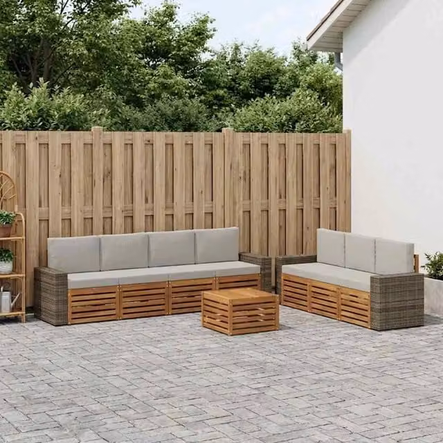 Set di divani da giardino vidaXL a forma di L composto da 8 pezzi in legno di acacia con cuscini beige e grigi