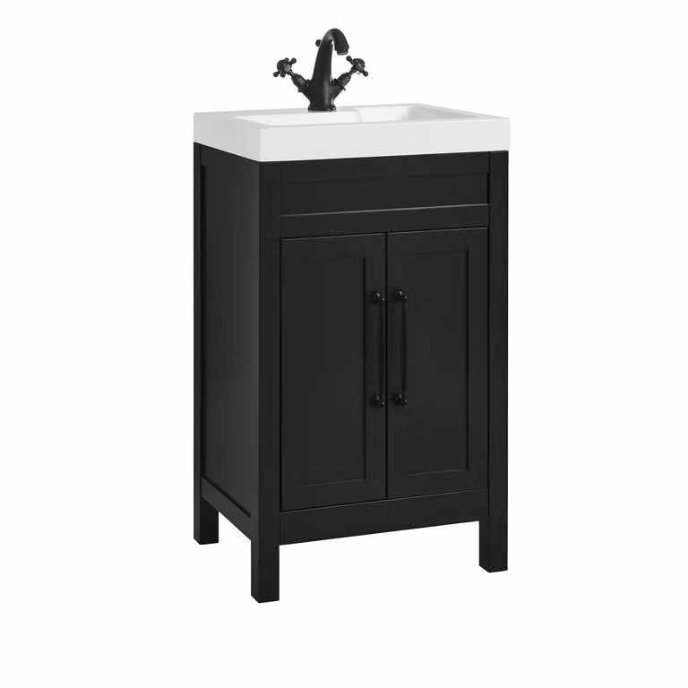 Mobile Bagno Grigio Nero da 500mm con Lavabo e Maniglie Classiche Nere con Barra a T - Warwick