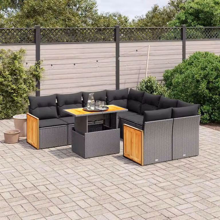 Set di divani da giardino vidaXL in polyrattan nero con cuscini, tavolino e sedute componibili a forma di U per esterno
