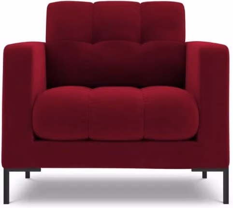Poltrona Bali Cosmopolitan Design in velluto rosso con struttura in metallo nero e braccioli