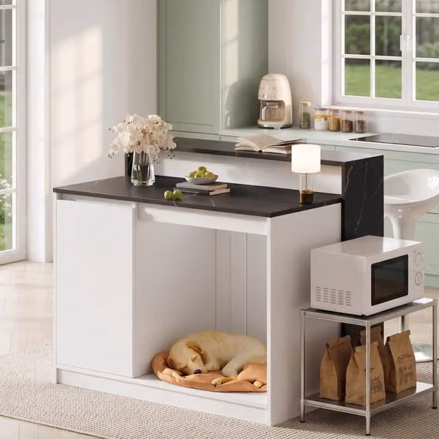 Isola da cucina con bancone bar; tavolo e zona pet; bianco con piano marmorizzato; 120x80x100 cm