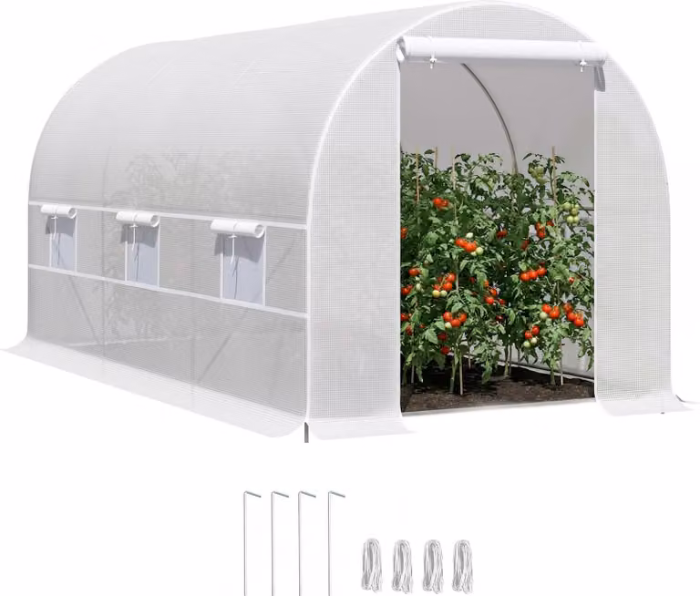 Outsunny Serra a tunnel da giardino 8 m², serra da giardino a tunnel 400 x 200 x 200 cm con porta e 6 finestre, per esterni, tutte le stagioni, ortaggi, frutta, fiori, telo in PE ad alta densità 140 g/m² bianco
