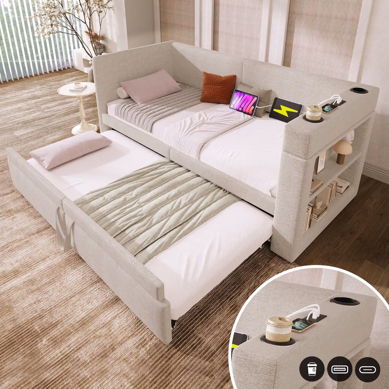 Letto imbottito Flieks 90x200cm con funzione di cassetto e portabicchieri, divano letto da giorno con letto estraibile e contenitore, letto da giorno per ragazzi in cotone, beige