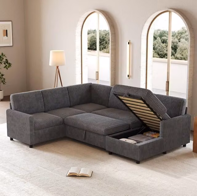 Divano angolare a U MODFU con letto estraibile e contenitore in velluto a coste grigio, L: 274 cm, P: 220 cm, H: 85 cm – 1
