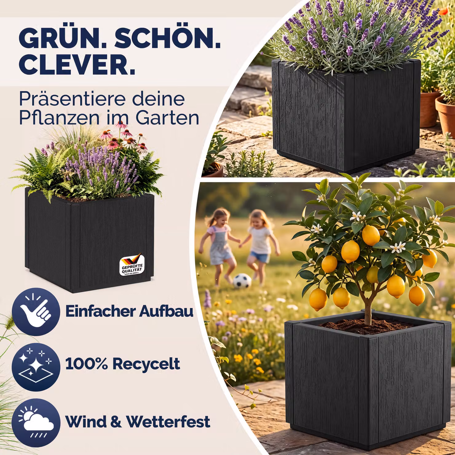 Vaso per fiori Ethica Casaria in plastica colore antracite L/P/H: 36 x 36 x 35 cm – 4