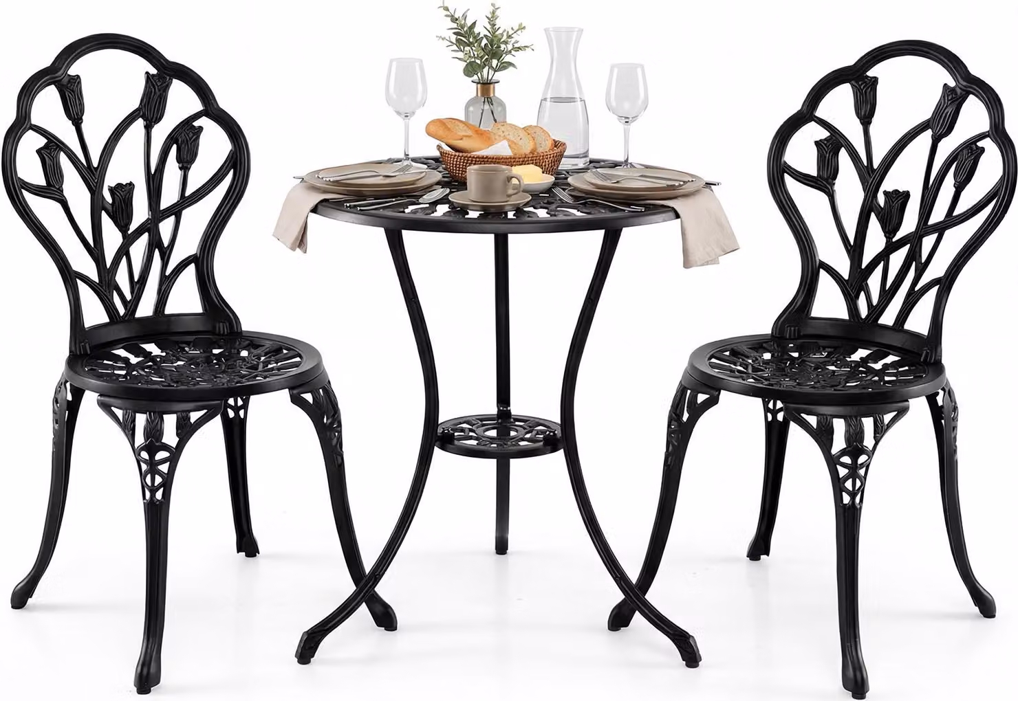 COSTWAY Set di mobili da giardino 3 pezzi, tavolo da bistrot con 2 sedie, set da bistrot, mobili da balcone in alluminio pressofuso, set da balcone, set da giardino, gruppo di sedute, nero