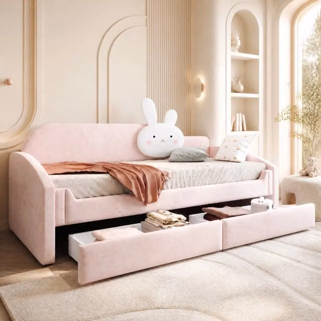 Letto per bambini imbottito 90x200 cm con LED; 2 cassetti; sponde rialzate e velluto rosa