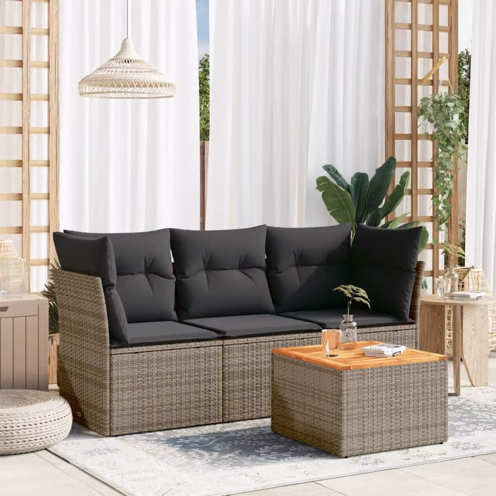 vidaXL Set Divani da Giardino 4 pz in Polyrattan con Tavolino e Cuscini, Design Moderno a L, Colore Grigio e Marrone – 1