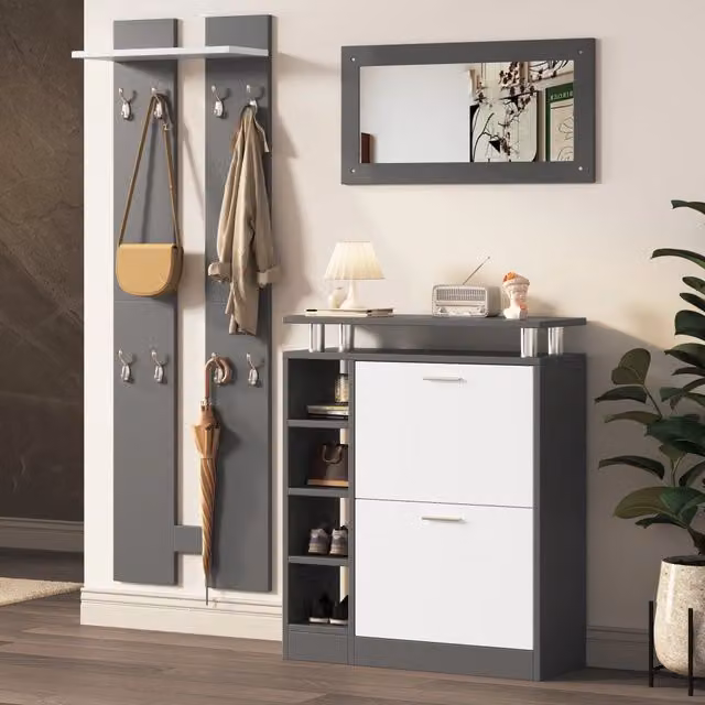 Sistema guardaroba a muro - Zephmum- 80x25x96.5cm, specchio, pannelli, scaffale, armadietto scarpe, colore antracite