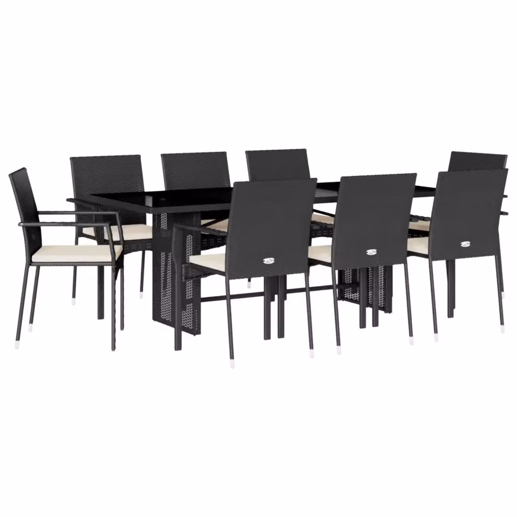 vidaXL Set da Pranzo da Giardino 9 pz in Polyrattan Nero con Cuscini e Piano in Vetro – 2