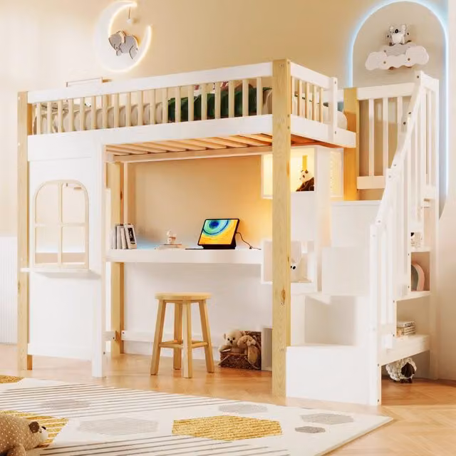 Letto a soppalco singolo 90 × 200 cm con scrivania, scala contenitore e luce LED, senza materasso, bianco naturale