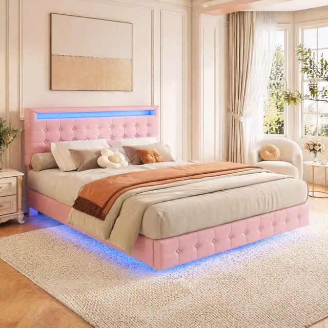 Letto 140x200 cm rosa – LED e testiera regolabile, senza materasso