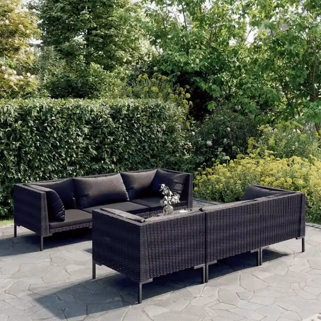 Set Divani da Giardino 7 pz con Cuscini Polyrattan Grigio Scuro 3099800