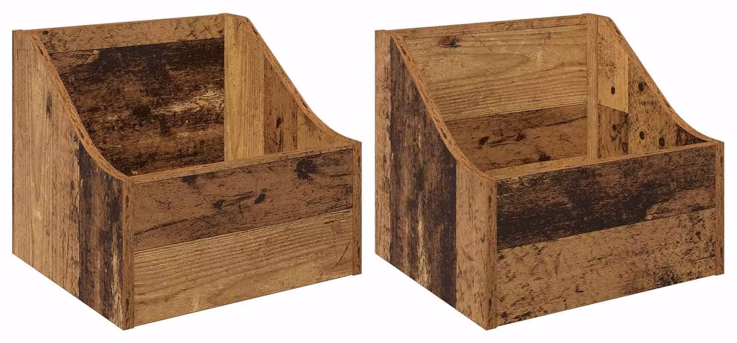 Scatola per dischi in vinile, 2 pezzi. Realizzata in legno riciclato, dimensioni 37 x 33 x 32 cm. Materiale: legno composito