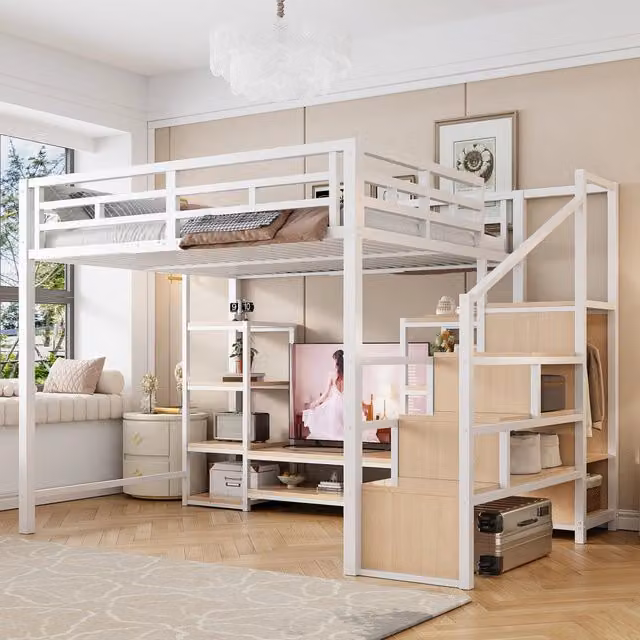Letto a Soppalco 140x200 con Porta TV, Presa e Scala ¨C MINIMAL ¨C Metallo e Legno Bianco