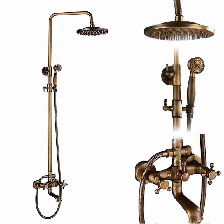 Set di rubinetti per doccia in ottone antico, soffione rotondo da 8 pollici, regolabile in altezza, FQT1, FQT1