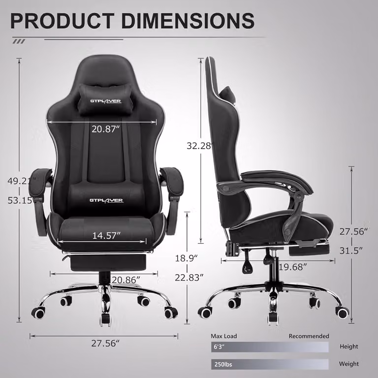 Sedia da gaming ergonomica con poggiapiedi, funzione massaggio e rivestimento in tessuto nero