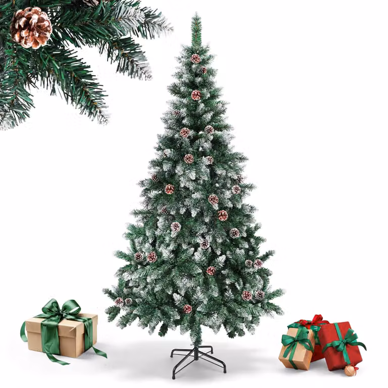 Albero di Natale artificiale Ikodm, altezza 210 cm, con decorazioni a forma di neve, 35 pigne, 750 punte di ramo e supporto in metallo