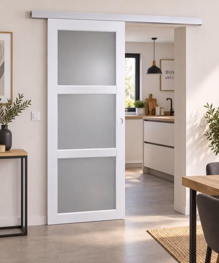 Porta scorrevole Kenya bianca con vetro H204 x L73 cm, binario in alluminio, conchiglie bianche Gd Menuserie