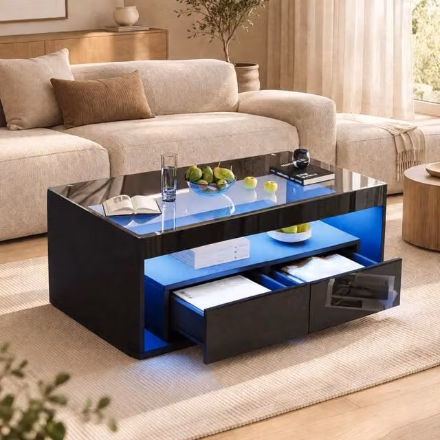 Tavolino da caffè nero LED 100x50x40 cm con vetro temperato e 2 cassetti