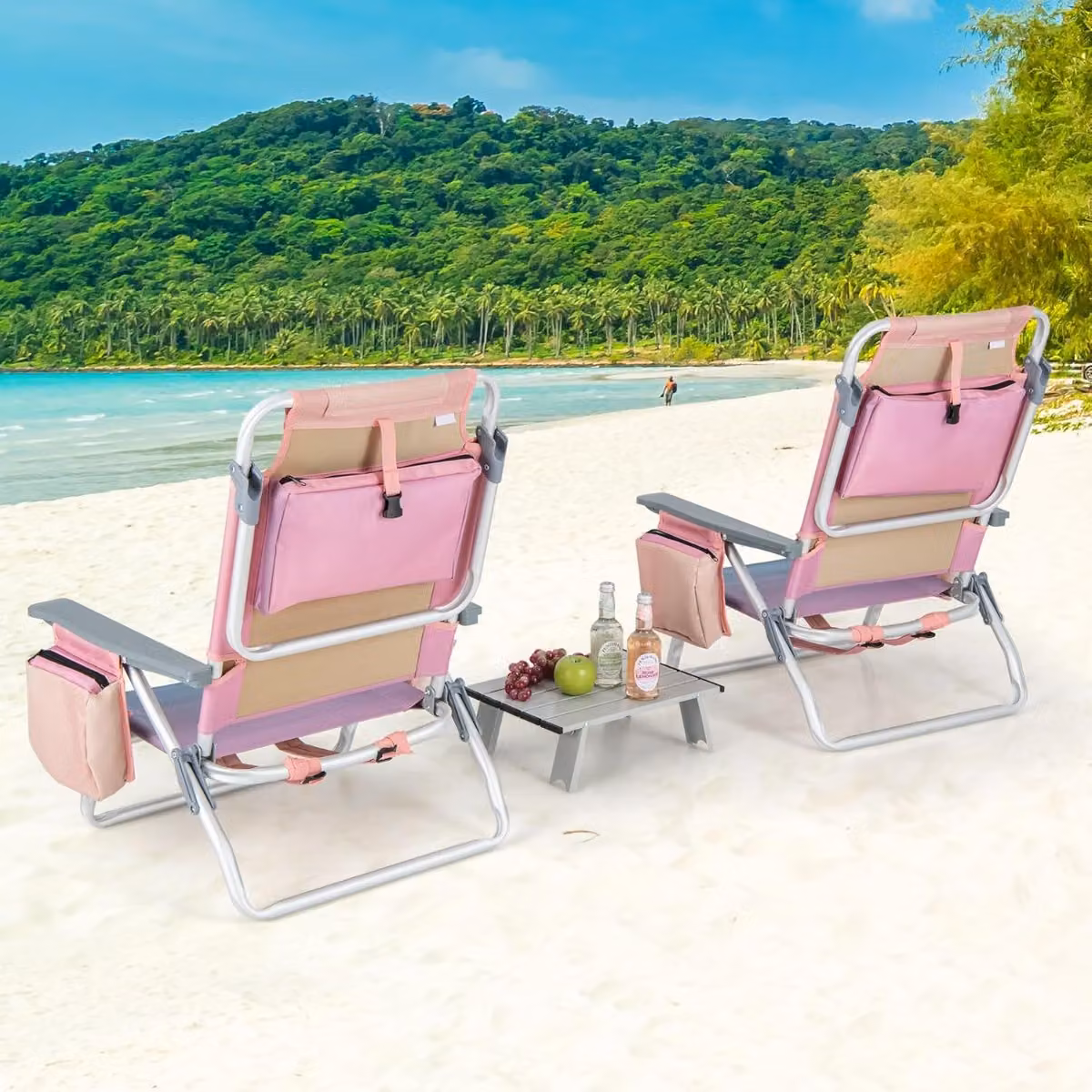 Set di sedie da spiaggia reclinabili e tavolino da campeggio con piano a scomparsa Costway, colore rosa