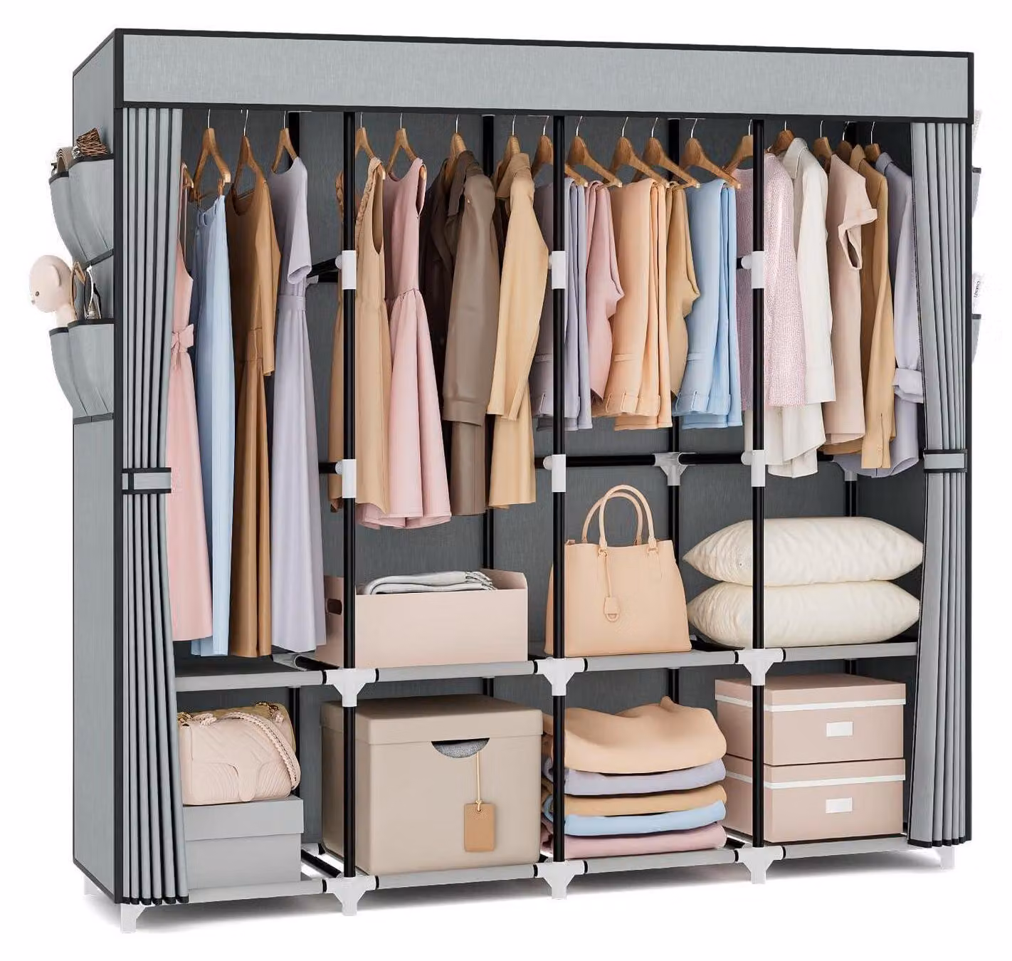 Armadio imbottito grigio, altezza 170 cm, con 4 ripiani e 4 aste appendiabiti
