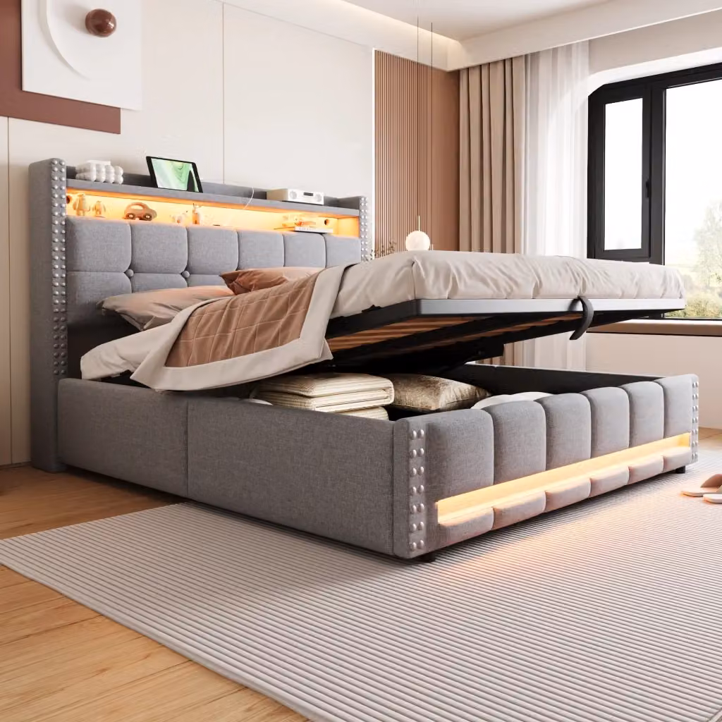 Letto contenitore matrimoniale moderno con illuminazione LED, porte USB e ripiani nella testiera, colore grigio chiaro, L/P: 160 x 200 cm – 2