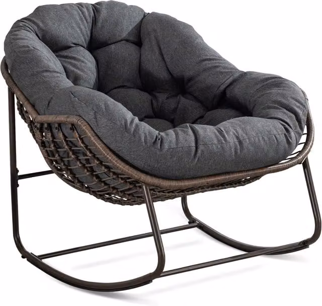 Poltrona a uovo dondolante con cuscino imbottito in rattan e metallo per interni ed esterni, Grigio scuro, L: 111 cm, P: 94,5 cm, H: 80 cm