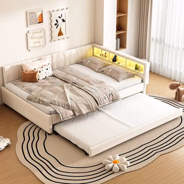 Letto divano 140×200 cm con letto estraibile, porte USB e tipo C, LED e ripiani, senza materasso, lino beige