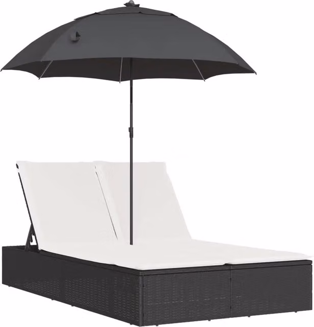 Lettino Prendisole | Sdraio da giardino | Lettino da sole Doppio Cuscini e Parasole Nero in Polyrattan