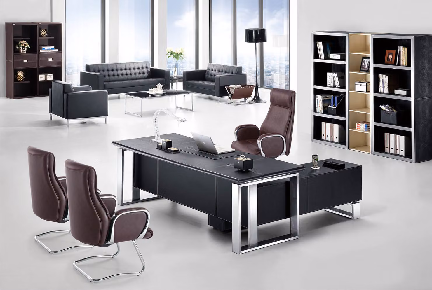 Moderner Leder-Eckschreibtisch in Schwarz mit Edelstahldetails
