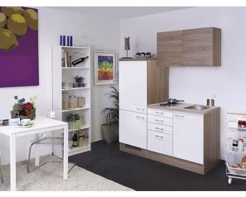 Mobile cucina dritto con elettrodomestici Flex Well Samoa 160 cm colore frontale bianco rovere sonoma opaco colore mobile rovere sonoma
