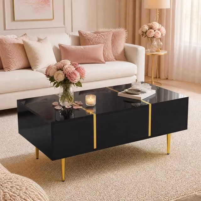 Tavolino da salotto moderno nero lucido con 2 cassetti, 100x60x41,5 cm