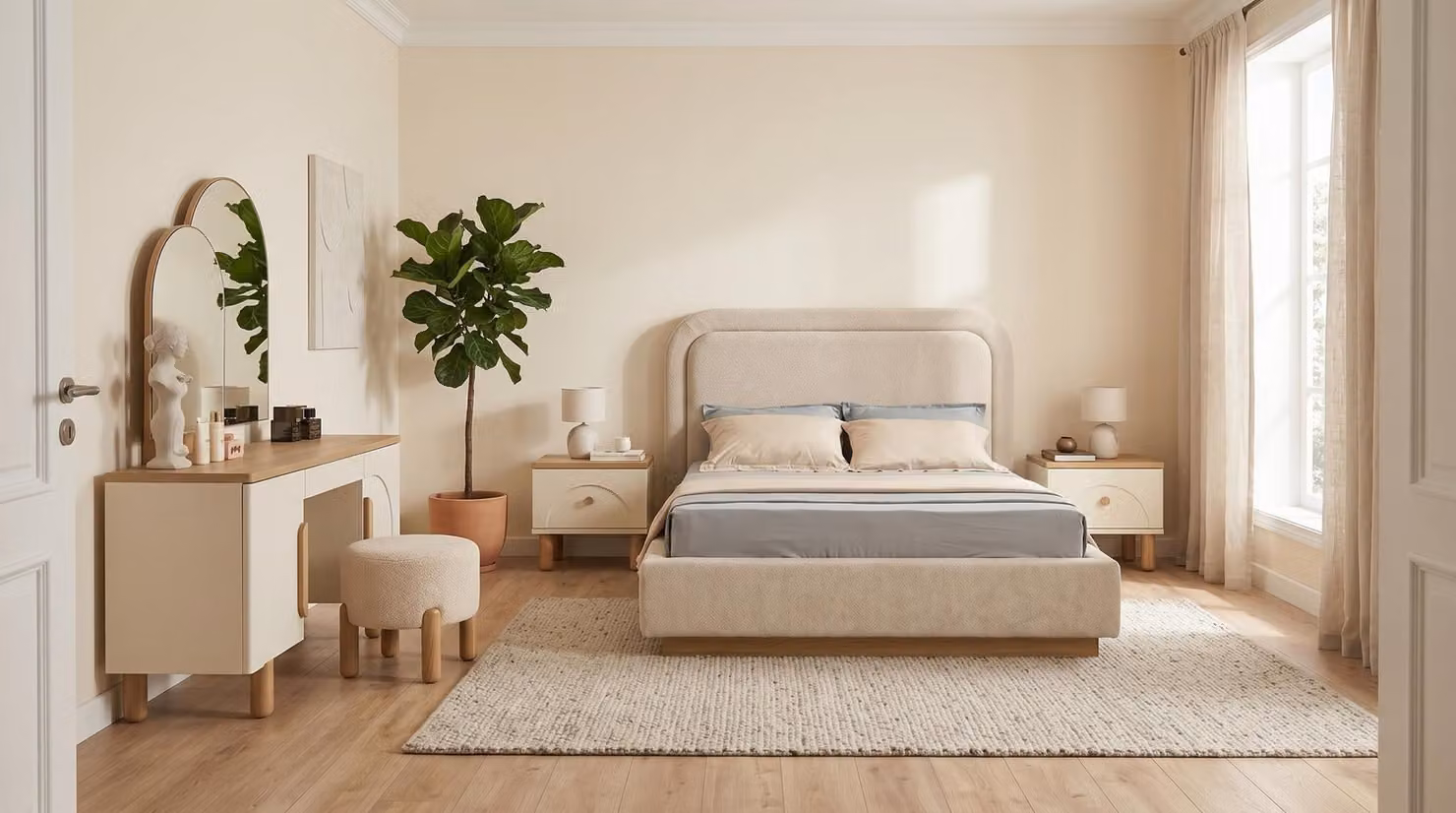 Set per camera da letto: piccolo, beige, moderno, in legno, stile scandinavo, elegante, pratico