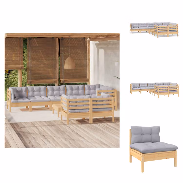 vidaXL Set 9 pezzi da giardino con cuscini grigi in pino massiccio - Set di mobili da giardino
