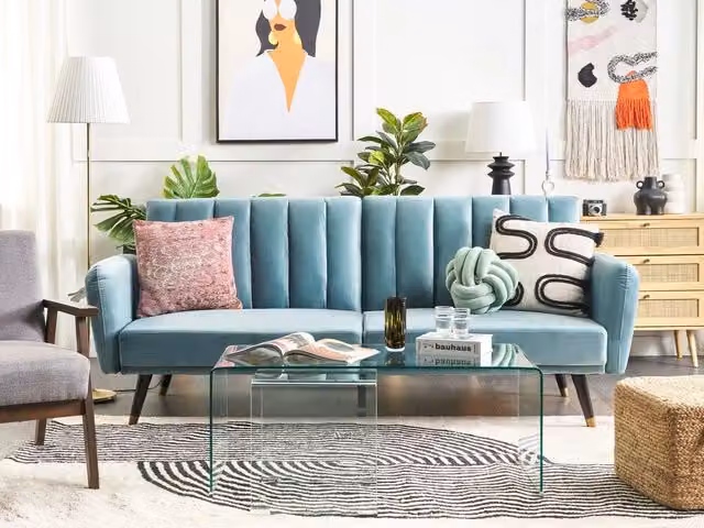 Divano Letto Click Clack Beliani in Velluto Blu con Struttura in Legno di Gomma e Poggiatesta Regolabile per Soggiorno e Camera da Letto L: 212 cm, P: 90 cm, H: 80 cm – 1