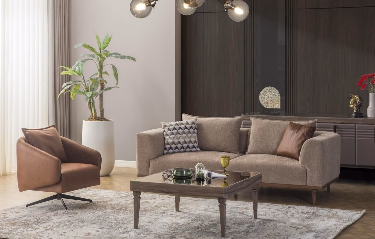Sofagarnitur Dreisitzer Sessel Polstersofa Modern Stoffsofa Braun Set