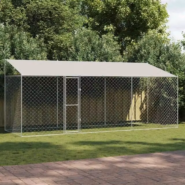 Gabbia per cani vidaXL in metallo con tetto resistente alle intemperie, colore argento, L: 600 cm, P: 200 cm, H: 256 cm – 1