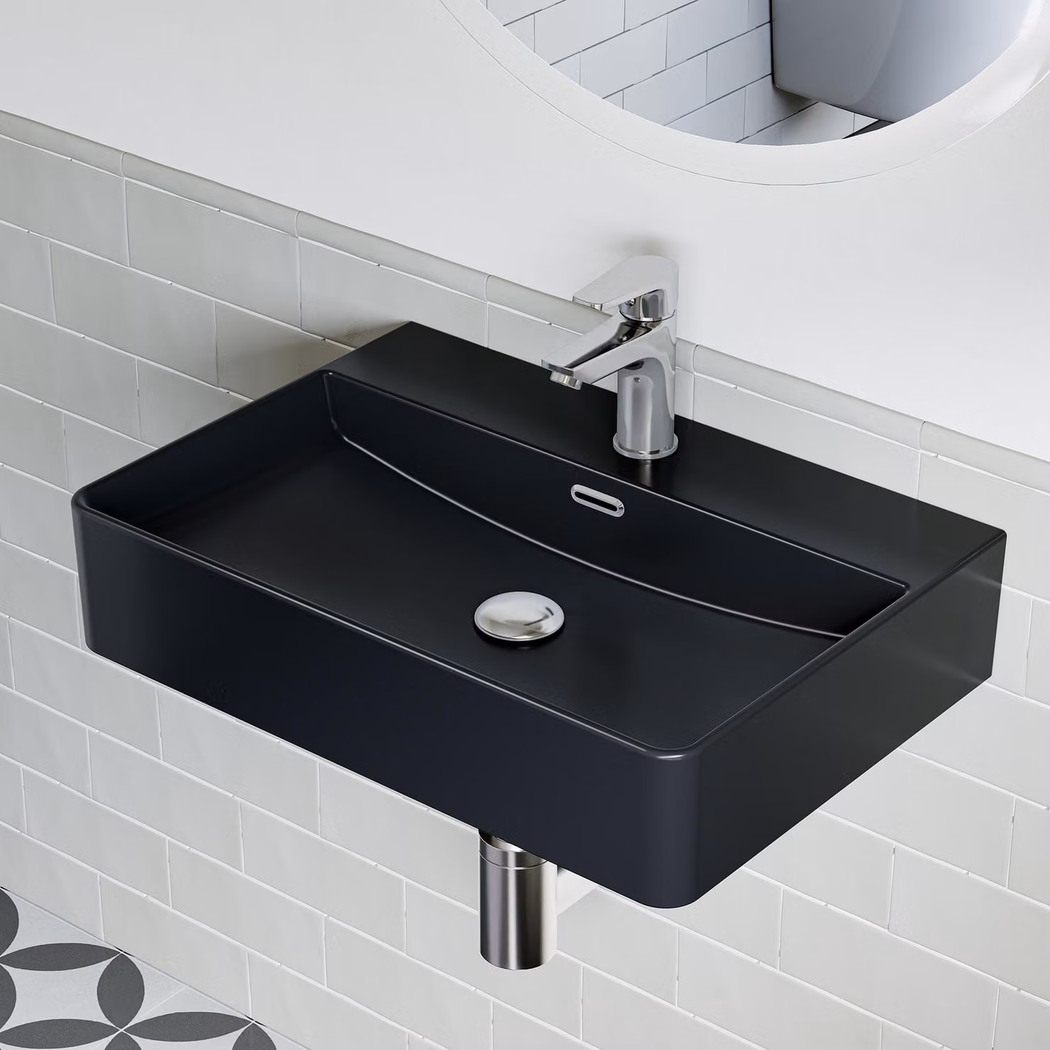 HOROW Lavabo nero Lavabo a parete Lavabo sospeso in Vetroceramica Lavabo da appoggio rettangolare con foro per rubinetto e troppopieno per piccolo WC ospiti