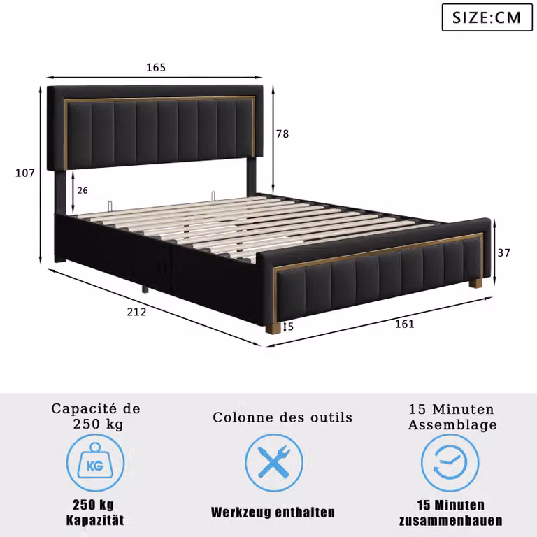 Letto imbottito - Struttura del letto - 160 x 200 cm - Spazio contenitore con sistema idraulico - Retino - Rivestimento in velluto - Testiera a righe verticali - Nero