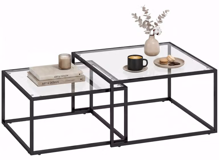 Set di 2 tavolini da caffè - Tavolini laterali impilabili - Piano in vetro temperato - Struttura in metallo - Forma quadrata - Dimensioni: 75 x 75 x 42 cm e 65 x 65 x 36 cm - Colore: nero